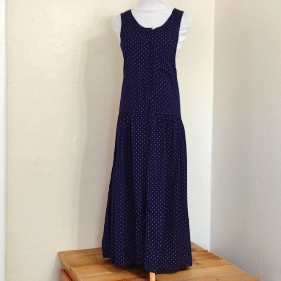 Vintage Anegada's Navy Polka Dot Drop Waist Sleeveless Midi Dress Size L - Picture 2 of 15